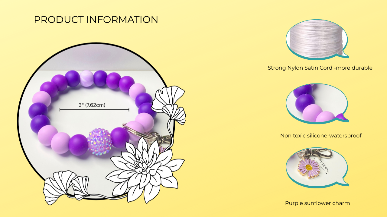 Bracelet with purple and white beads and sunflower charm on a yellow background with product information text.