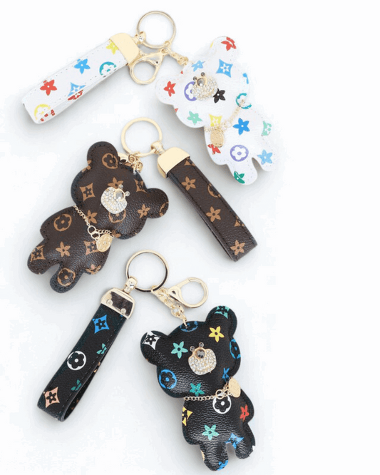 Leather Teddy Bear wristlet keychain, cute handmade bag charm