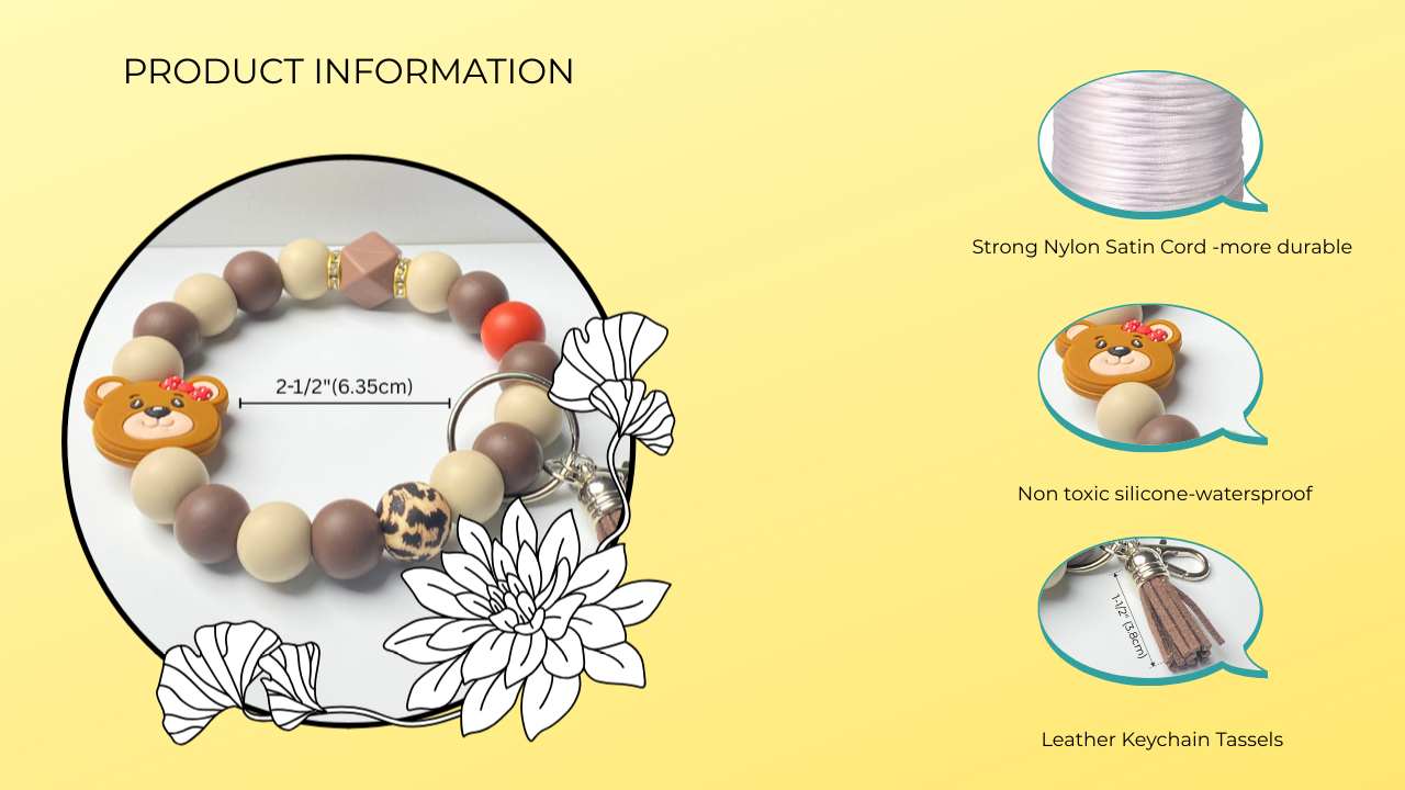 Bracelet with teddy bear and animal keychain on a yellow background with product information text.