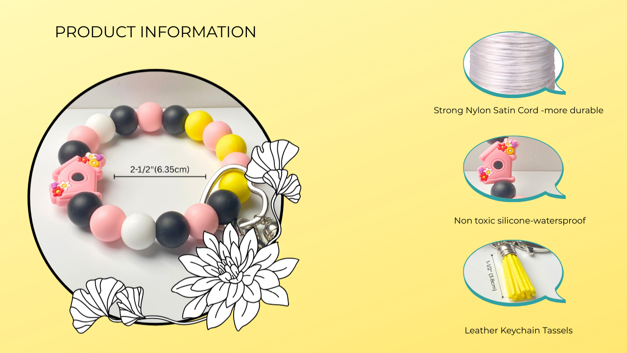 Product information for a colorful beaded bracelet with keychain tassels on a yellow background.
