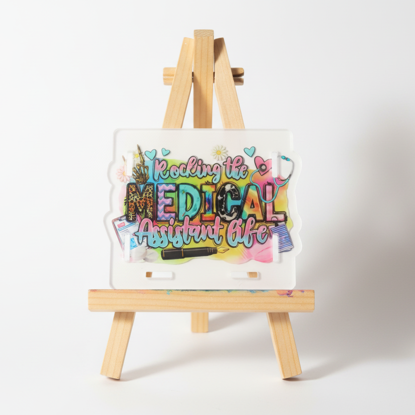 Colorful license plate with 'Rocking the Medical Assistant Life' text on a white background