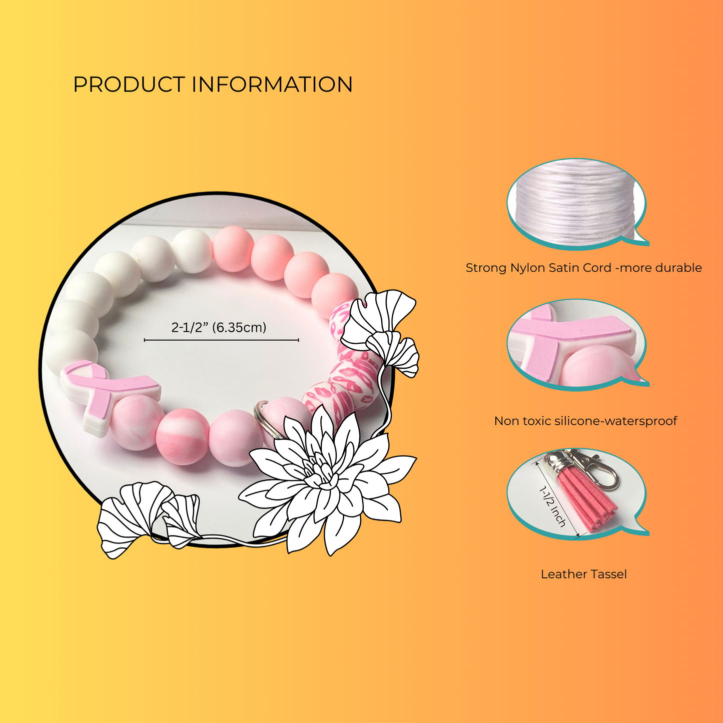Product information graphic for a bracelet with features listed on an orange background