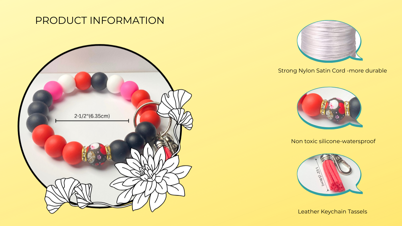 Colorful beaded bracelet with keychain tassels on a yellow background, featuring product information text.