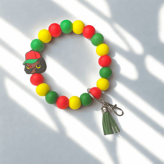 Pink and white beaded keychain with a smiley face charm on a white background