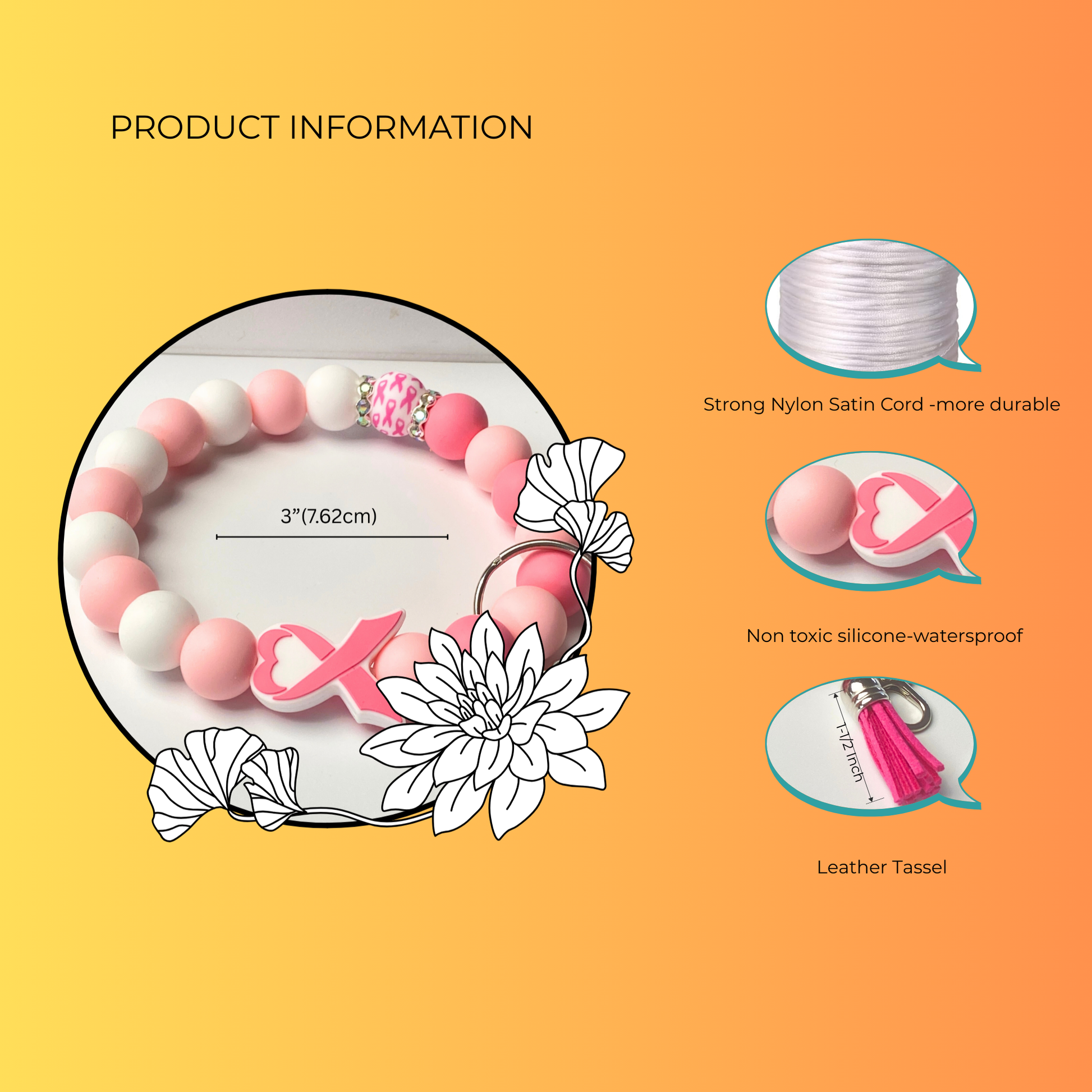 Product information card for a pink and white bracelet with a leather tassel on an orange background.