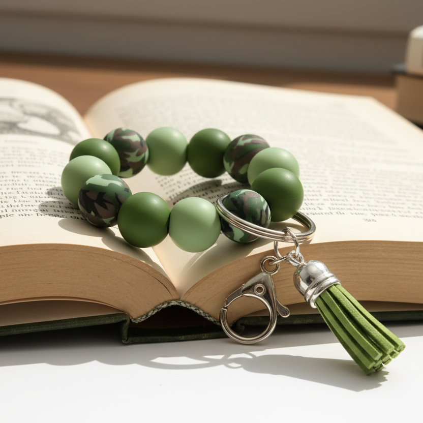 Green beaded bracelet with camouflage pattern and keychain on a white background