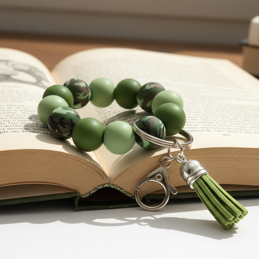 Green beaded bracelet with camouflage pattern and keychain on a white background