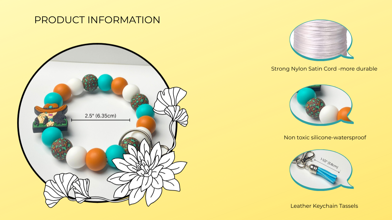 Product information graphic with a bracelet, keychain, and tassels on a yellow background.