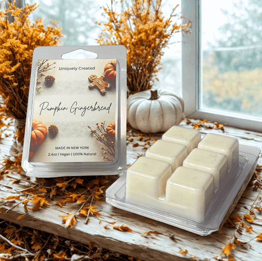 Packaged pumpkin gingerbread wax melts on a wooden surface with autumn decorations.