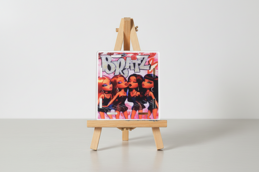 Bratz license plate with four dolls on a pink background