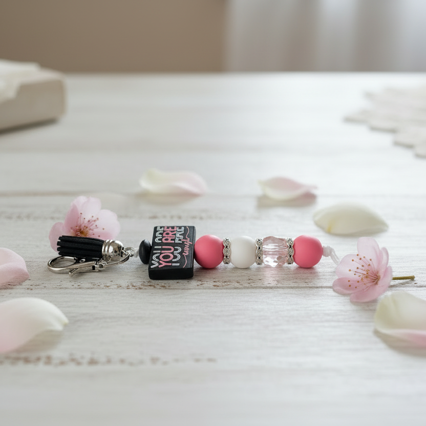 Bracelet with pink and white beads on a table with flower petals