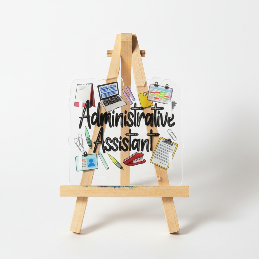 Sticker with 'Administrative Assistant' text and office supplies on a white background