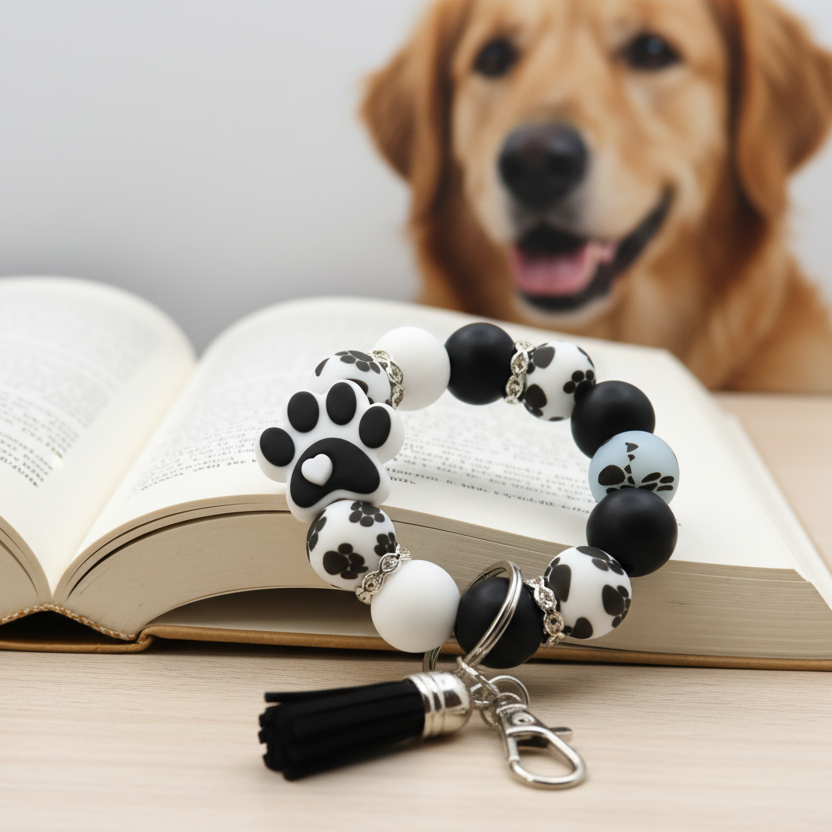 Bracelet with paw print design and tassel on a white surface with plants in the background
