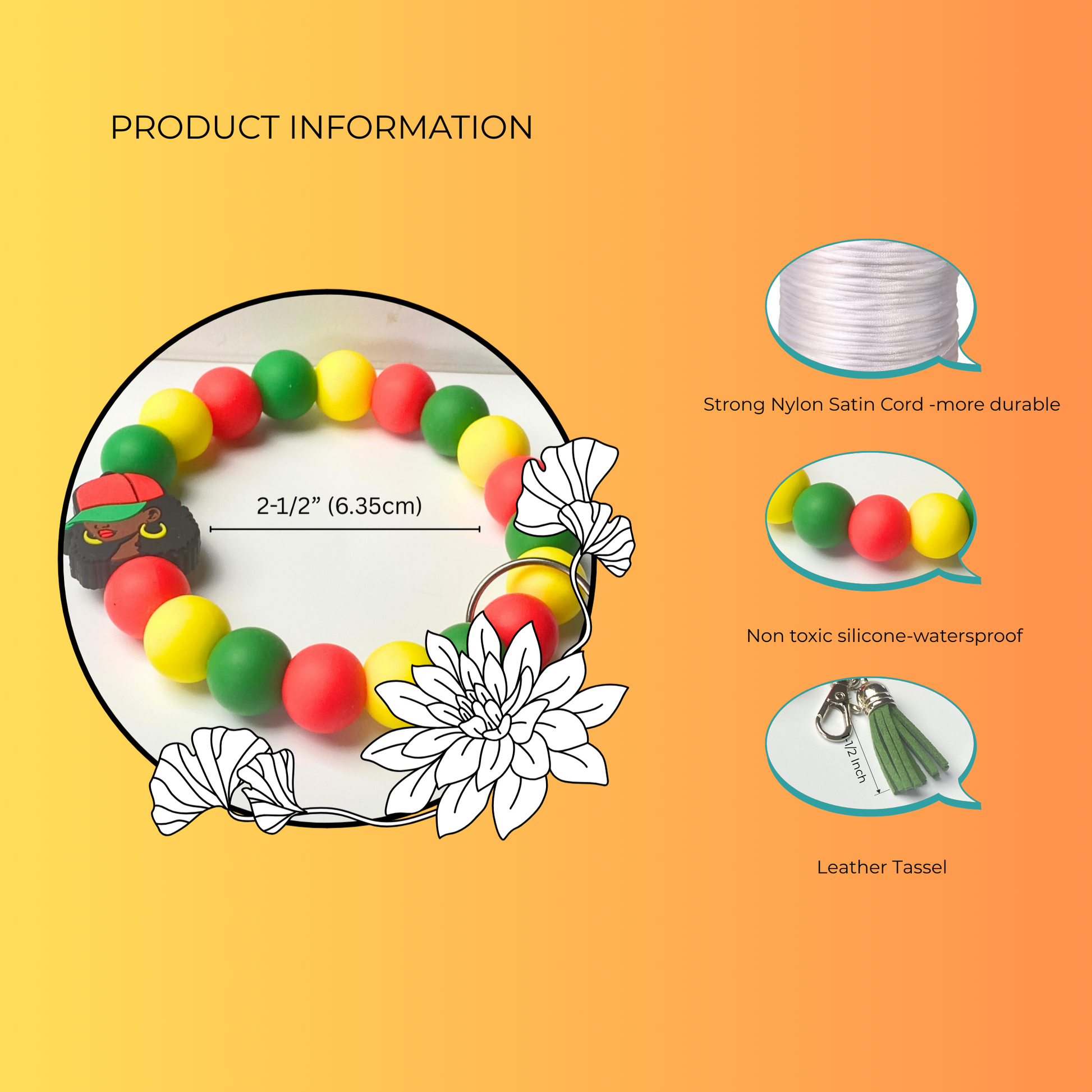 Colorful beaded bracelet with product information on an orange background