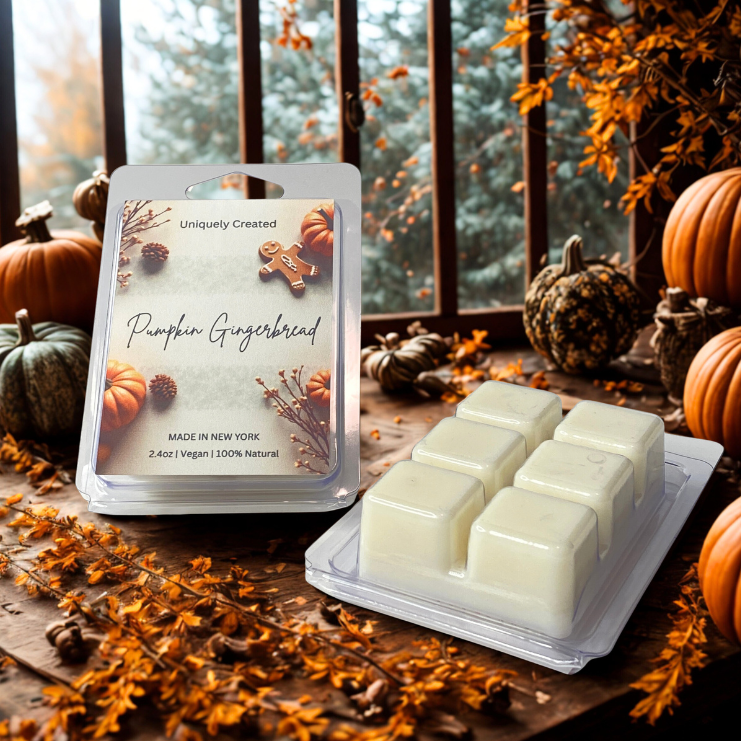Pumpkin Gingerbread wax melts packaging with pumpkins and autumn leaves in the background