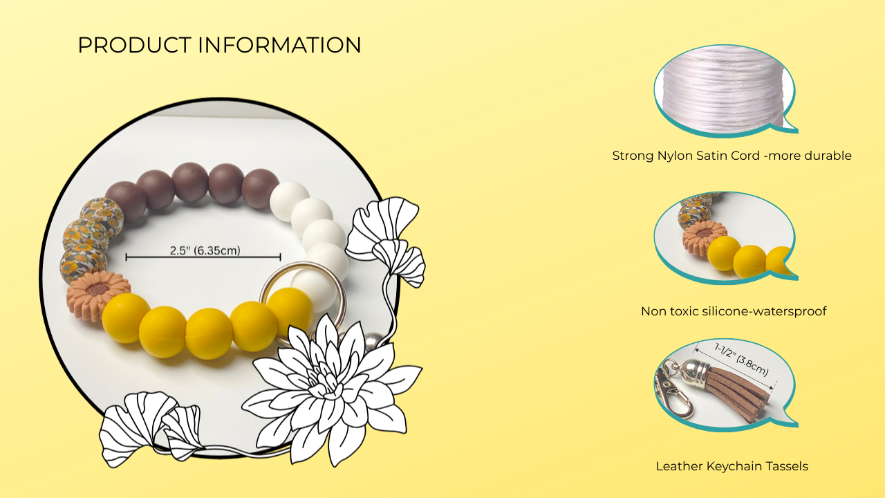 Product information graphic for a bracelet with key features highlighted on a yellow background.