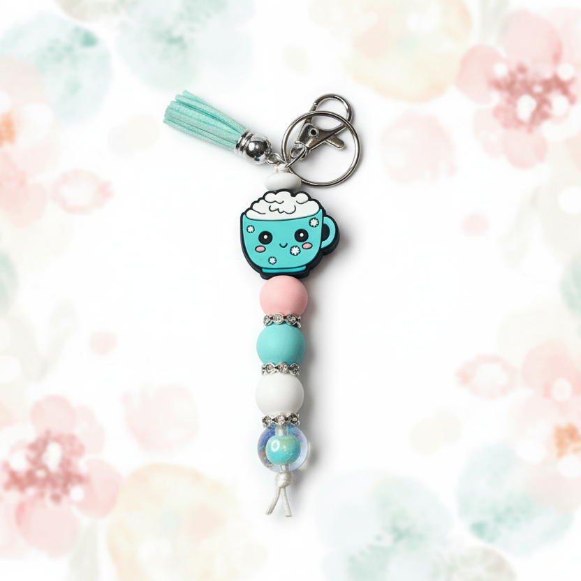 Keychain with a cup design on a floral background