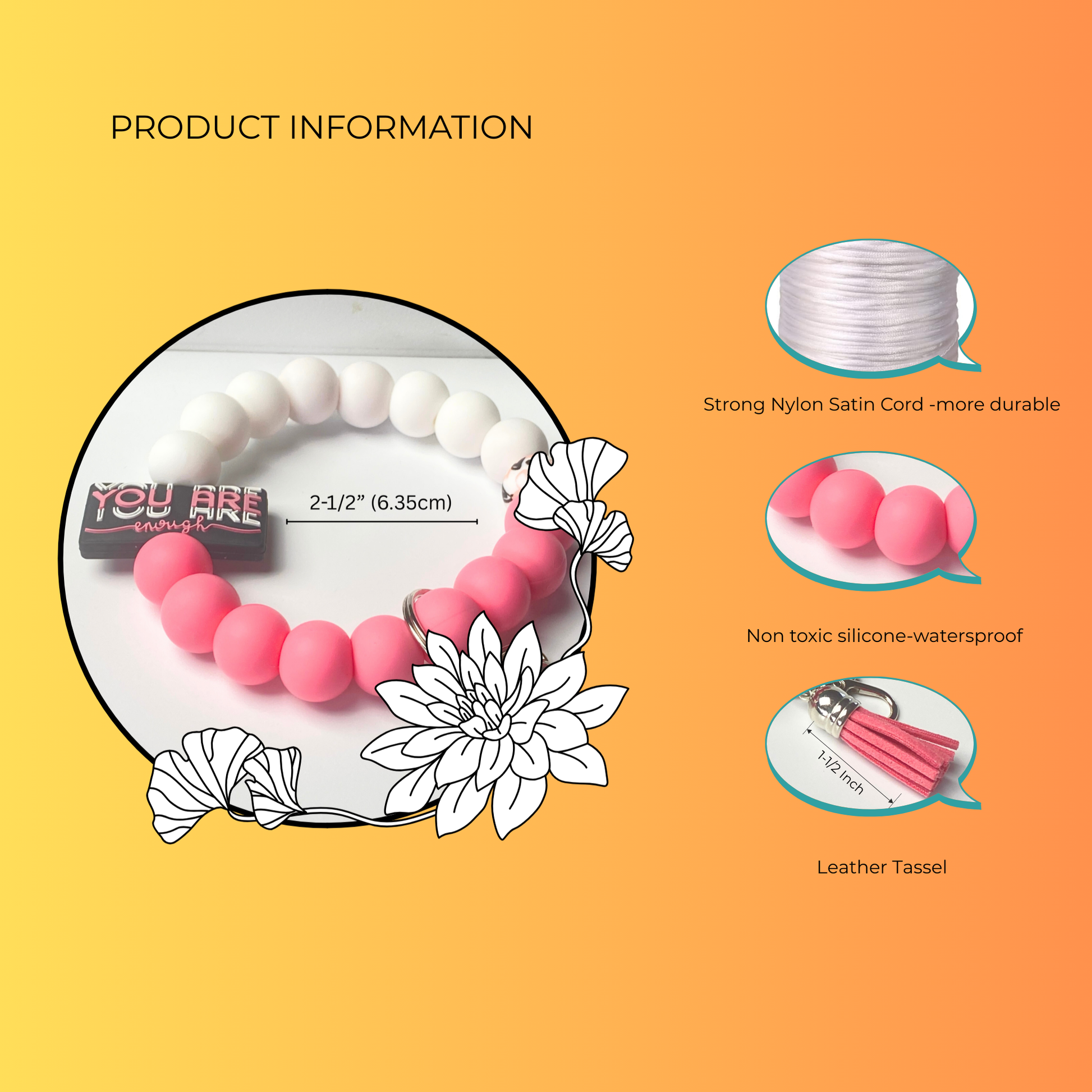 Product information graphic for a bracelet with pink beads on an orange background