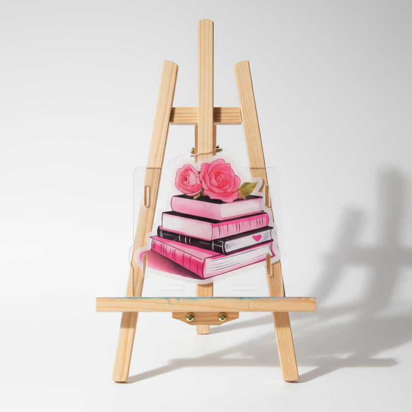 Decorative card with a stack of pink books and roses on a white background