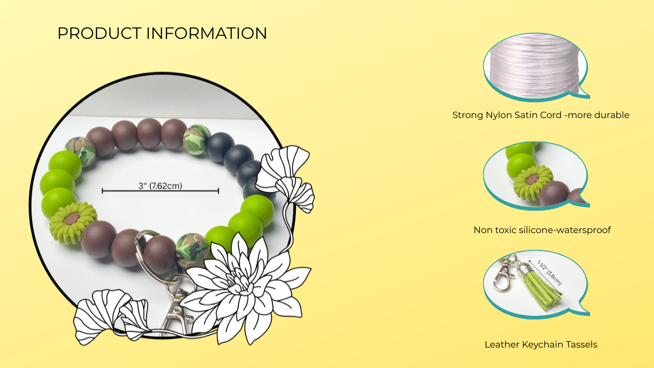 Bracelet with keychain tassels on a yellow background, featuring product information text.