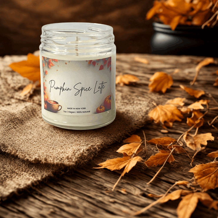Candle labeled 'Pumpkin Spice Latte' on a wooden surface with autumn leaves.