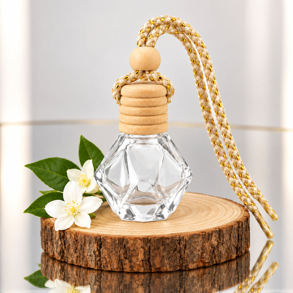 Ten clear glass hanging car air freshener diffuser vials with wooden stoppers and gold-colored braided cords, arranged on a light wood tabletop next to a potted plant and a book, with text at the top reading '100 PCS HANGING CAR AIR FRESHENER Empty Clear Glass Air Freshener Diffuser Vials'.