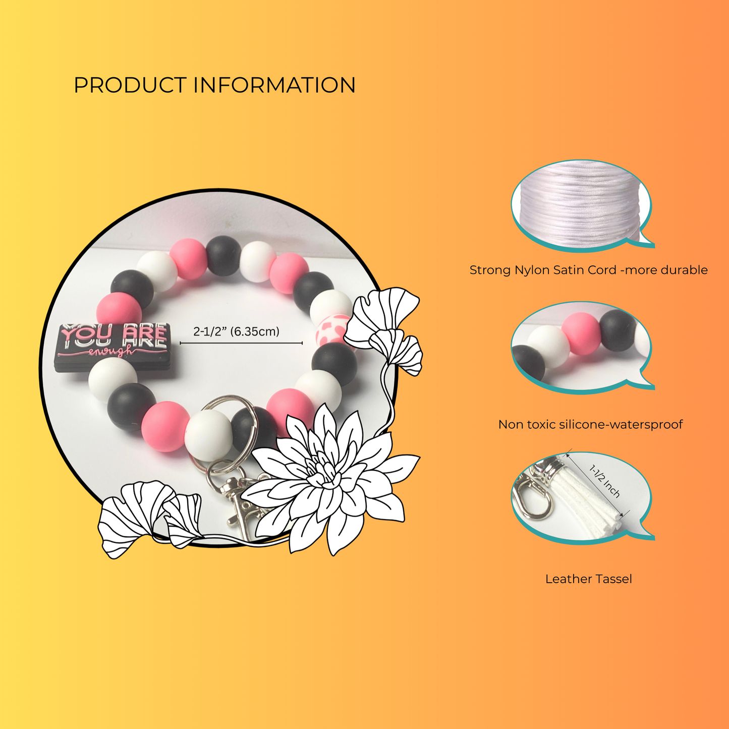 Bracelet with colorful beads and leather tassel on an orange background with product information text.
