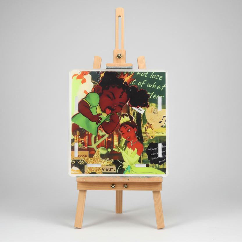 Painting on a small easel against a gray background