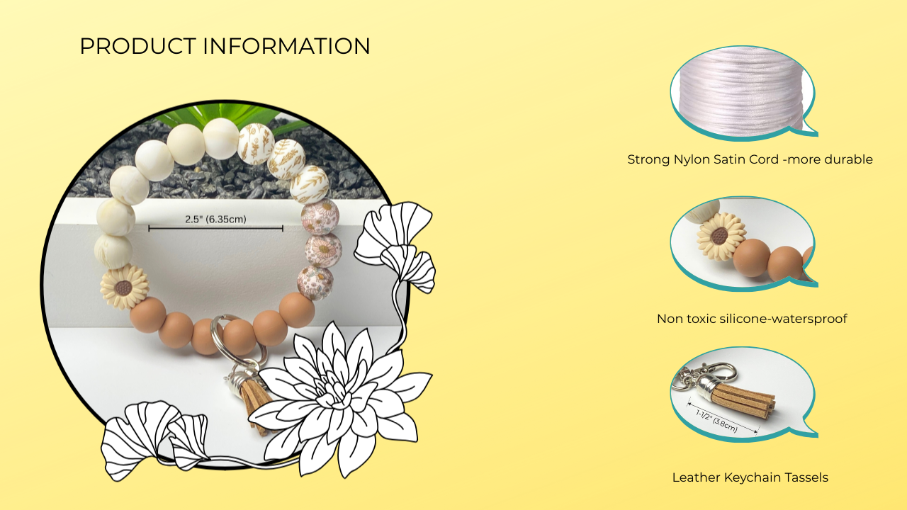 Product information graphic for a bracelet with features listed on a yellow background.