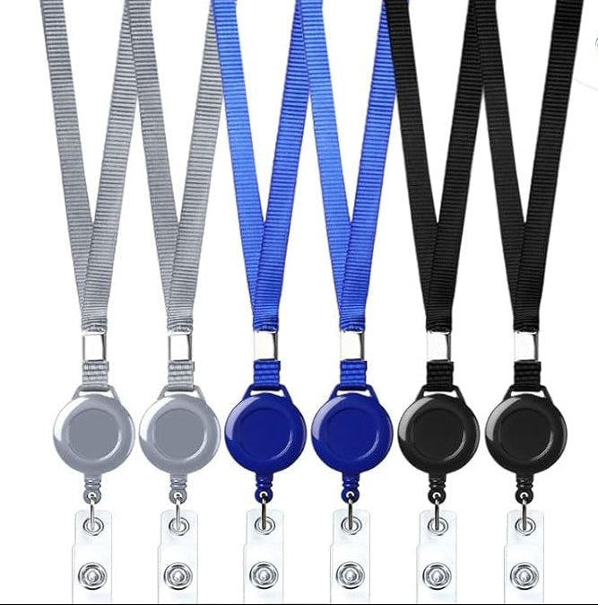 Set of three lanyards in blue, black, and gray with badge holders.