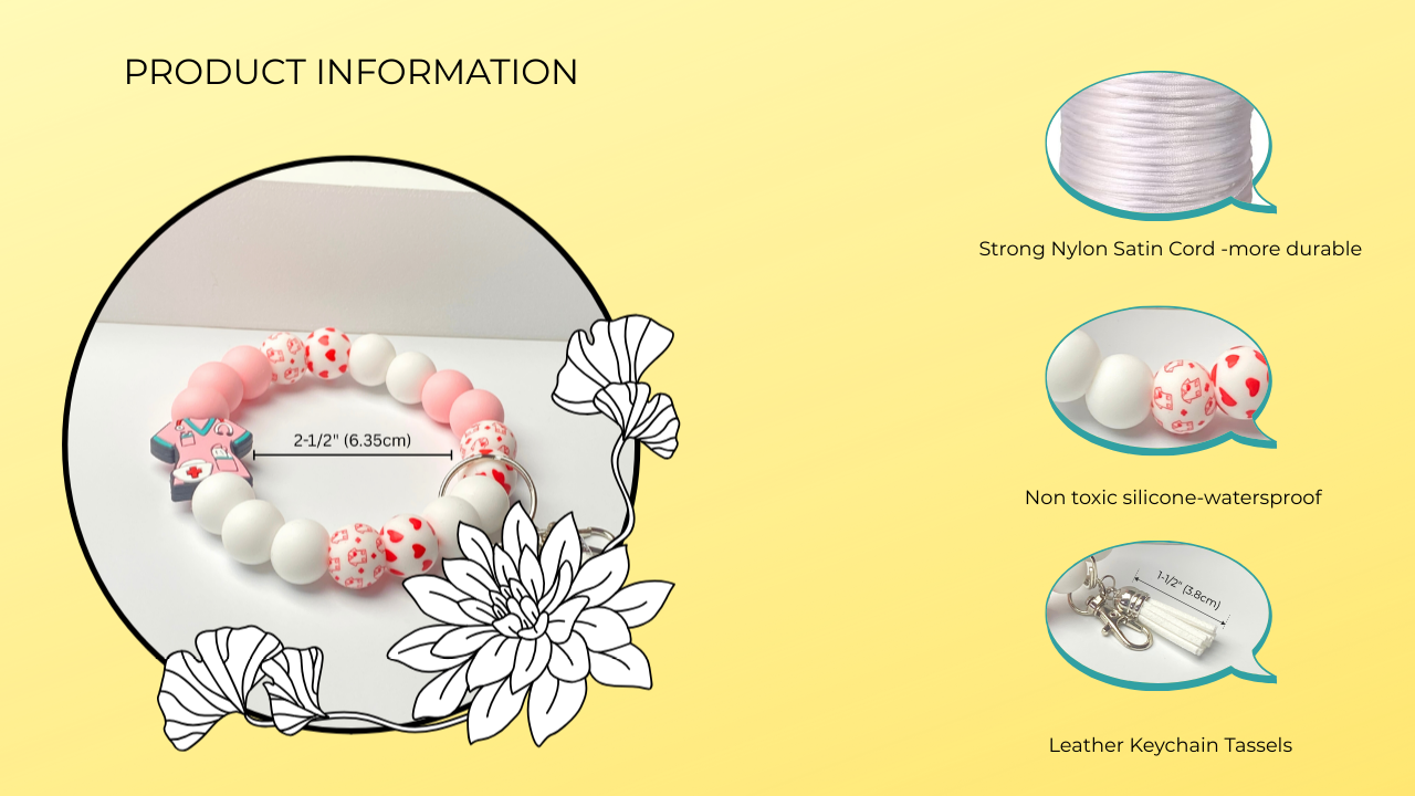 Product information graphic for a bracelet with features listed.