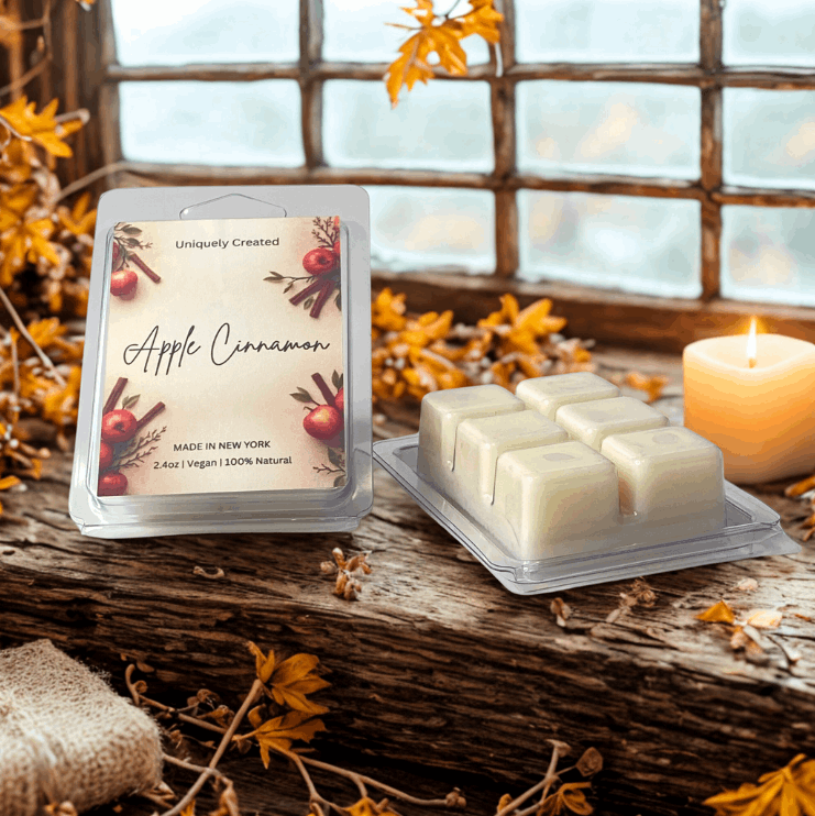 Apple Cinnamon wax melts packaging on a wooden surface with a candle and autumn leaves.