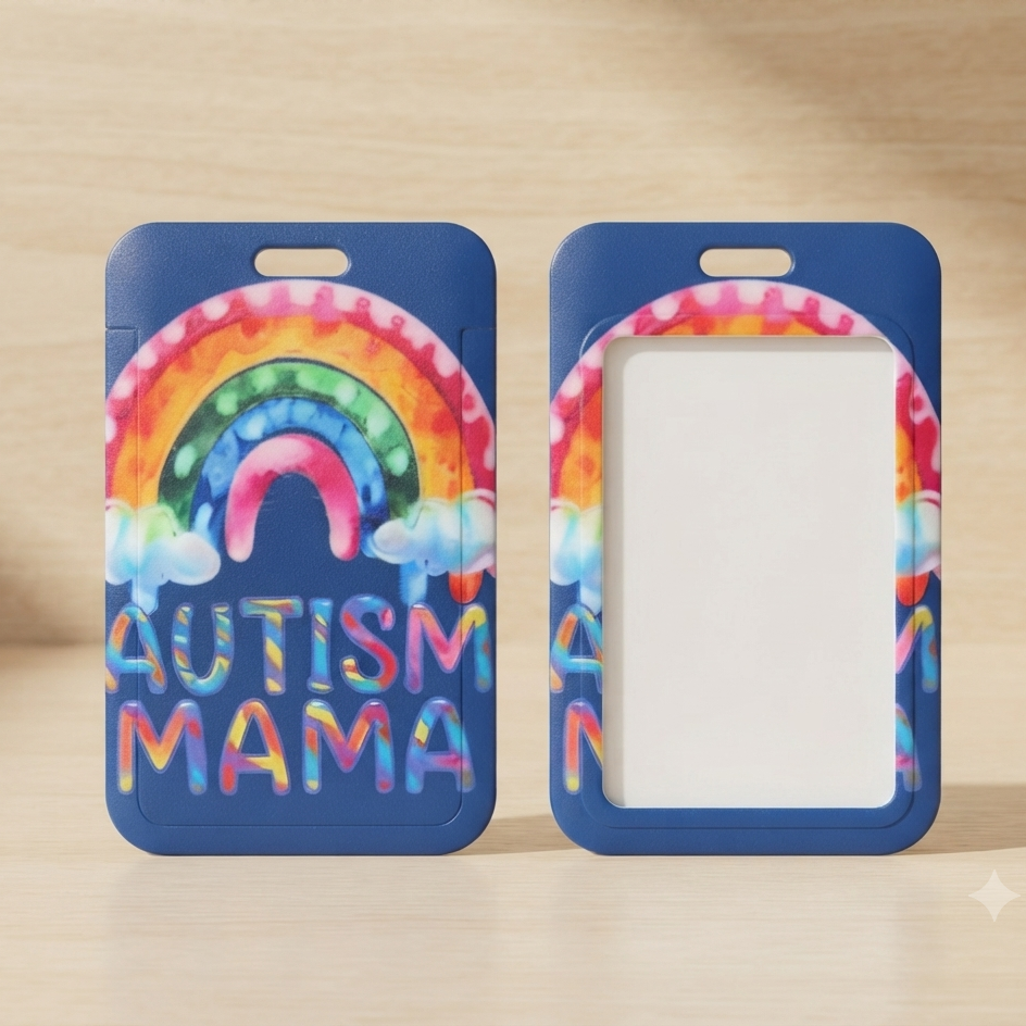 Two blue ID badge holders with a colorful rainbow and the words 'AUTISM MAMA' are shown on a light wood surface. One holder is front-facing, showing the printed design, and the other is back-facing with a blank white insert area.