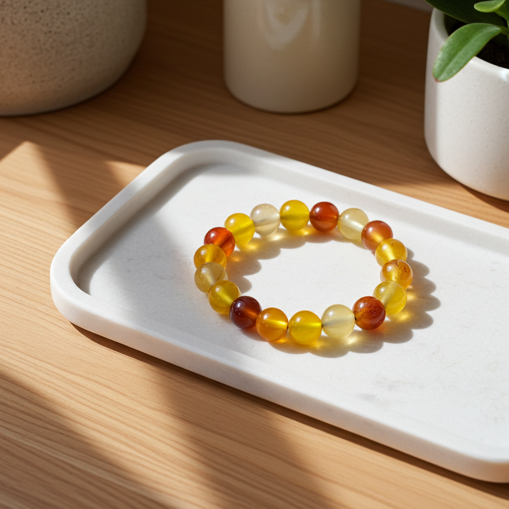Multicolored beaded bracelet on a white tray with a wooden background
