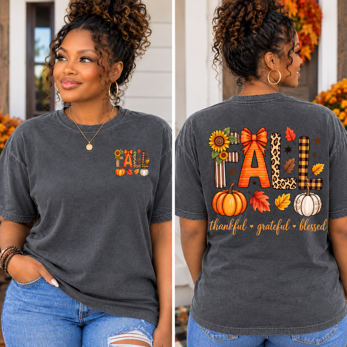 A woman modeling a dark charcoal gray t-shirt in a split view, showing both the front and back. The front features a small 'I A L L' graphic with autumn icons, while the back displays a large 'FALL' design with pumpkins, leaves, plaid patterns, and the text 'thankful • grateful • blessed'.