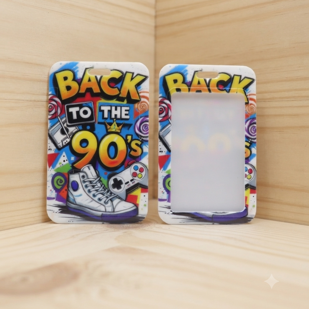 Two rectangular card cases with a colorful retro 'Back to the 90s' design, displayed on a light wood surface in a corner.