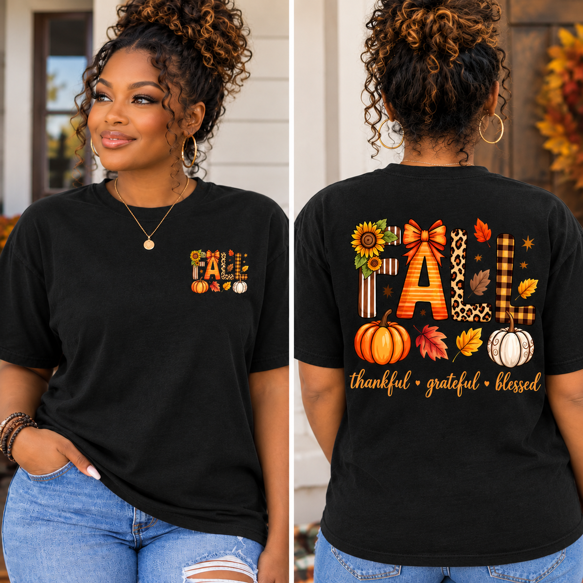 A woman modeling a black short-sleeve T-shirt in a split front-and-back view. The front has a small autumn-themed graphic on the left chest with pumpkins, leaves, and the words 'Fall'.