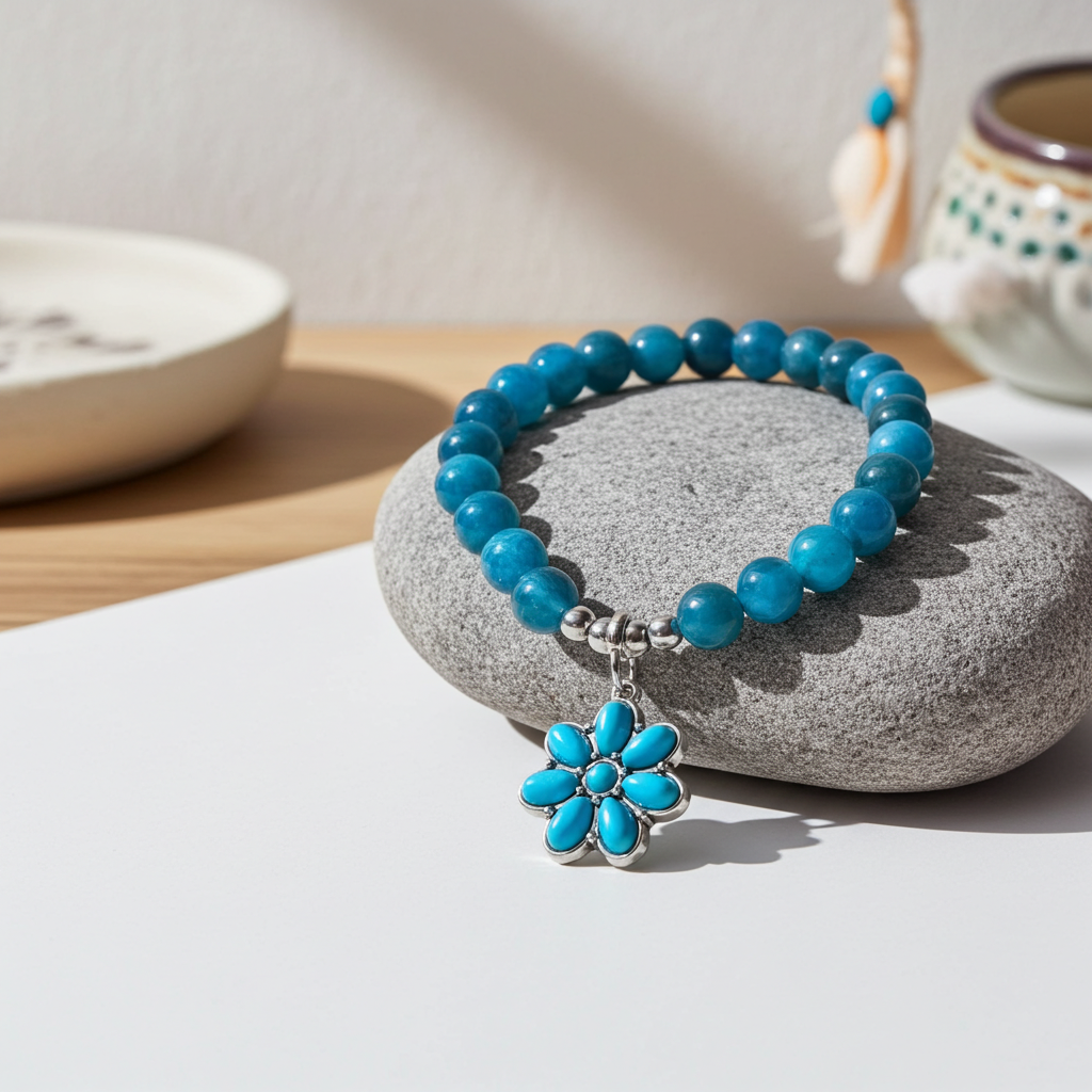 Turquoise beaded bracelet with a flower charm on a stone surface