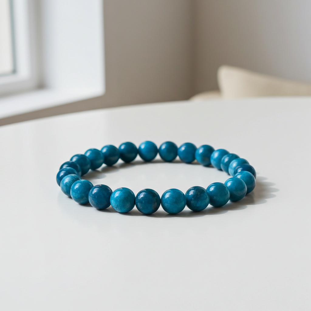 Blue beaded bracelet on a light surface with a neutral background