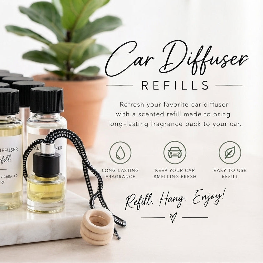 A set of clear glass car diffuser refill bottles with black caps and white labels, arranged on a marble tray beside a hanging black string diffuser and a wooden cap. The scene includes a potted plant and printed marketing text on a light neutral background.