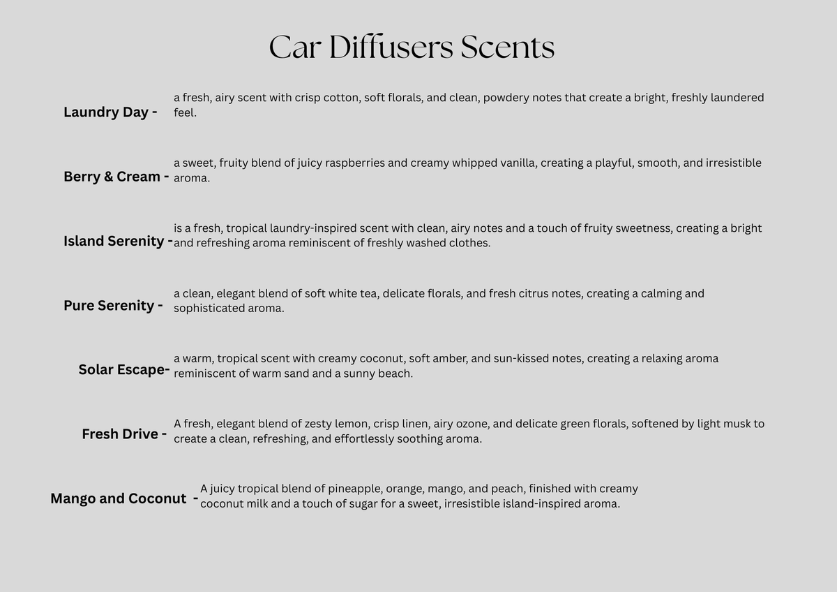 A product information sheet listing various car diffuser scent options with their descriptions on a light gray background. The scents listed include Laundry Day, Berry & Cream, Island Serenity, Pure Serenity, Solar Escape, Fresh Drive, and Mango and Coconut.