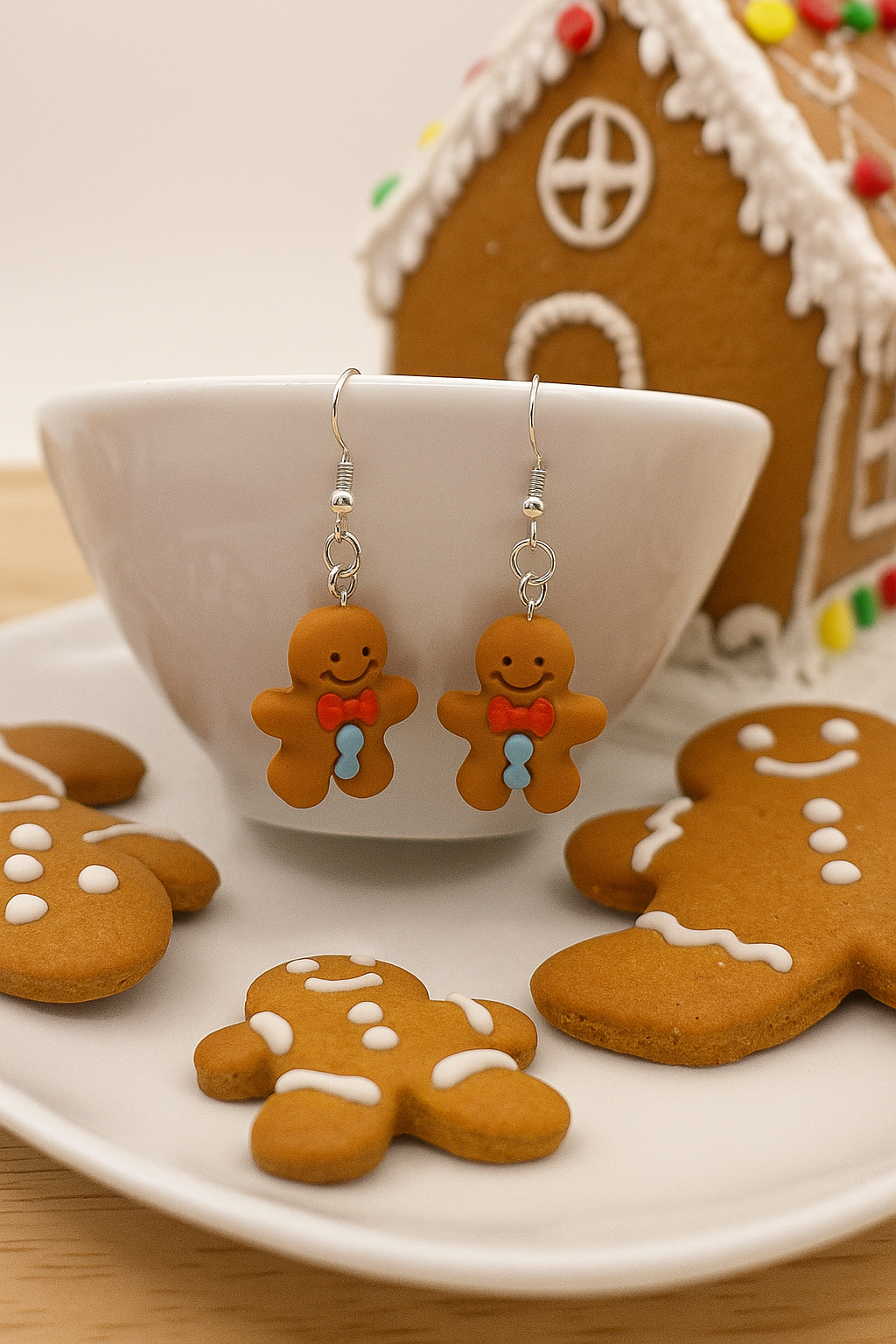 Gingerbread cookie earrings on a plate with a gingerbread house in the background