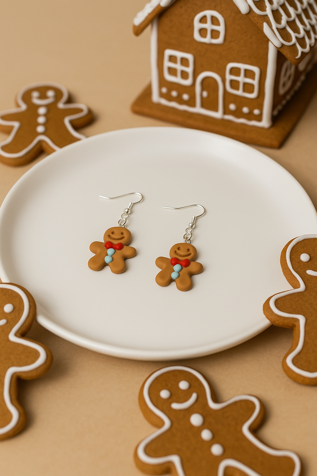 Gingerbread cookie earrings on a white plate with gingerbread men and a house in the background.
