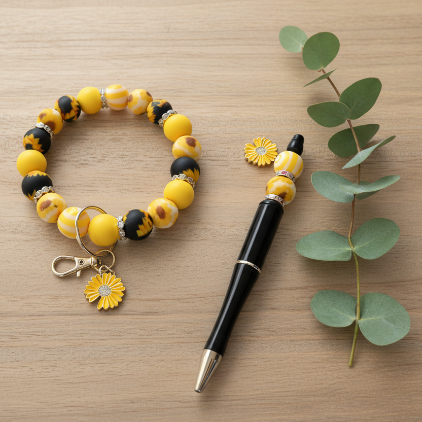 Sunflower beaded pen and bracelet set in yellow and black handmade gift