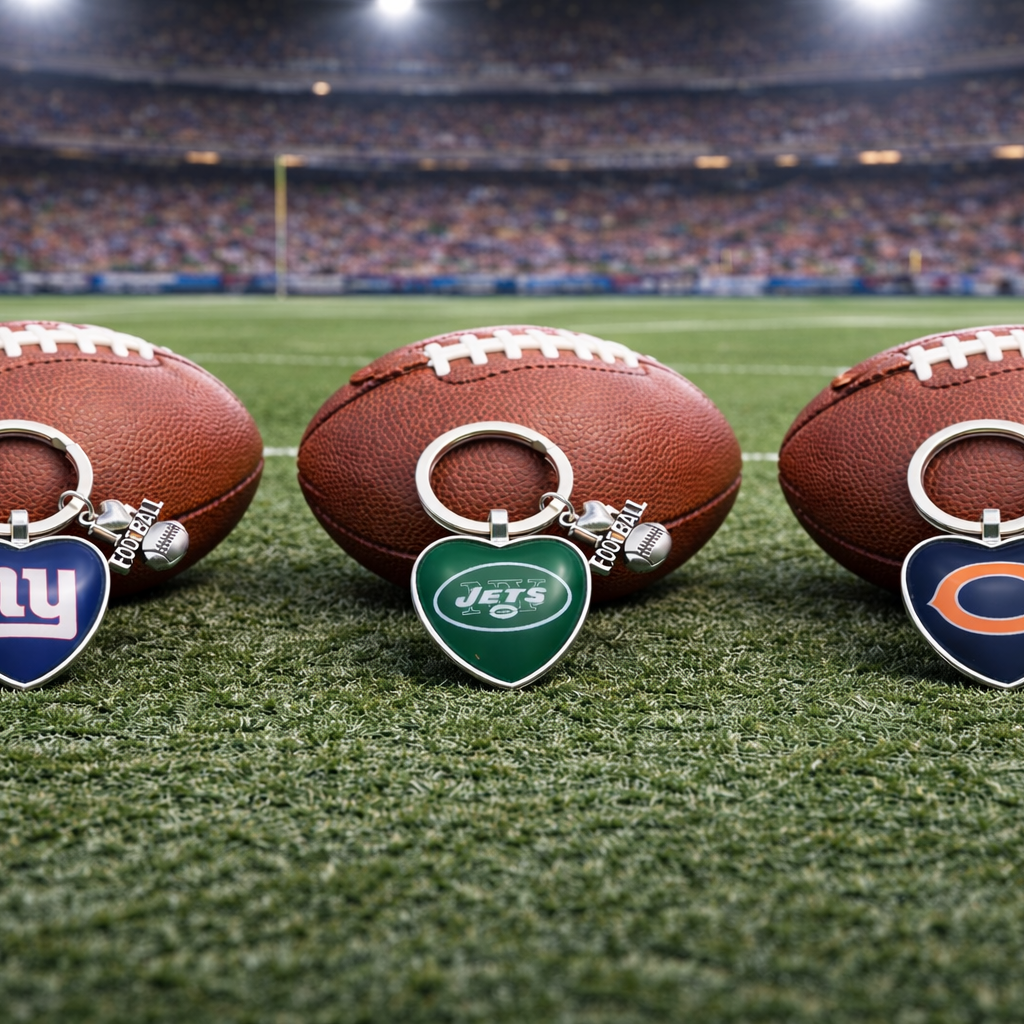 Three footballs with keychains featuring NFL team logos on a sports field.