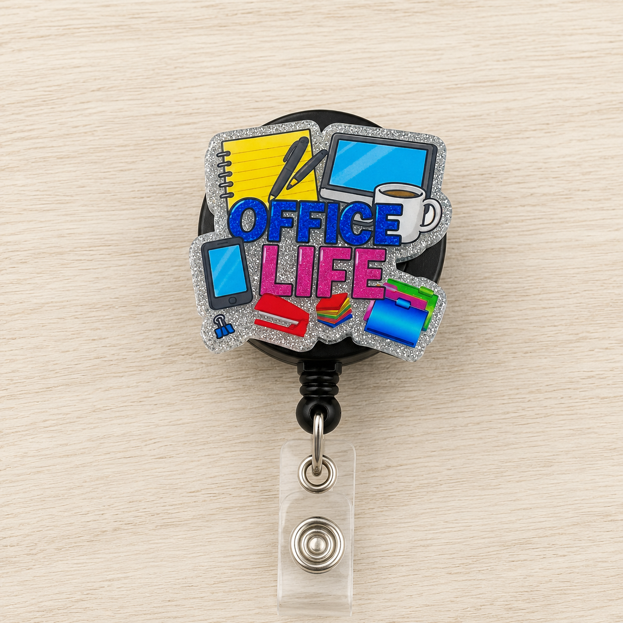 Badge holder with 'Office Life' design on a beige background