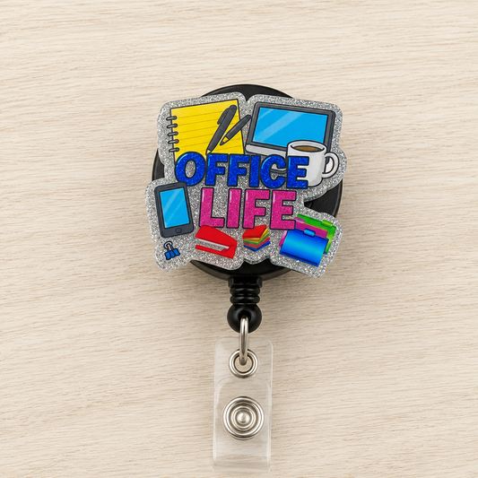 Badge holder with 'Office Life' design on a beige background