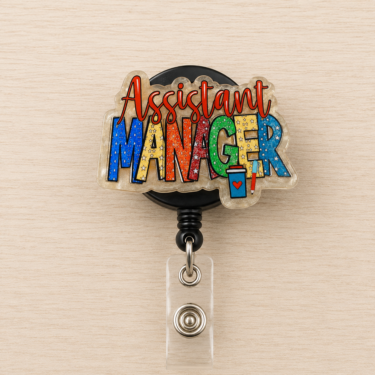 Colorful 'Assistant Manager' badge holder on a beige background