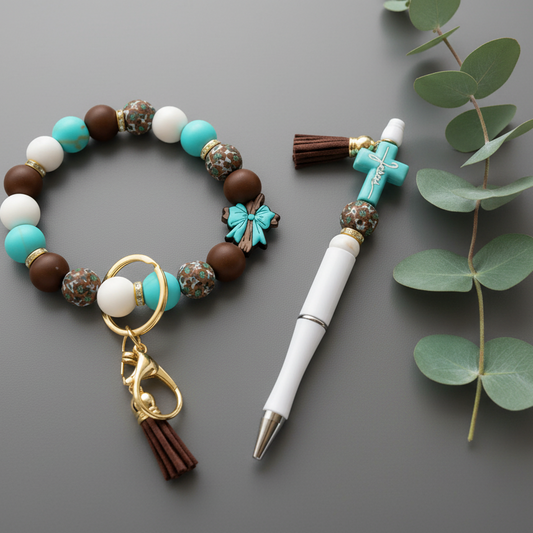 Turquoise faith cross beaded pen and bracelet set handmade Christian gift