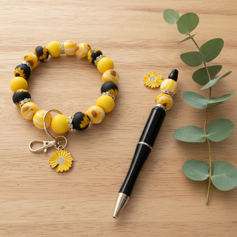 Sunflower beaded pen and bracelet set in yellow and black handmade gift